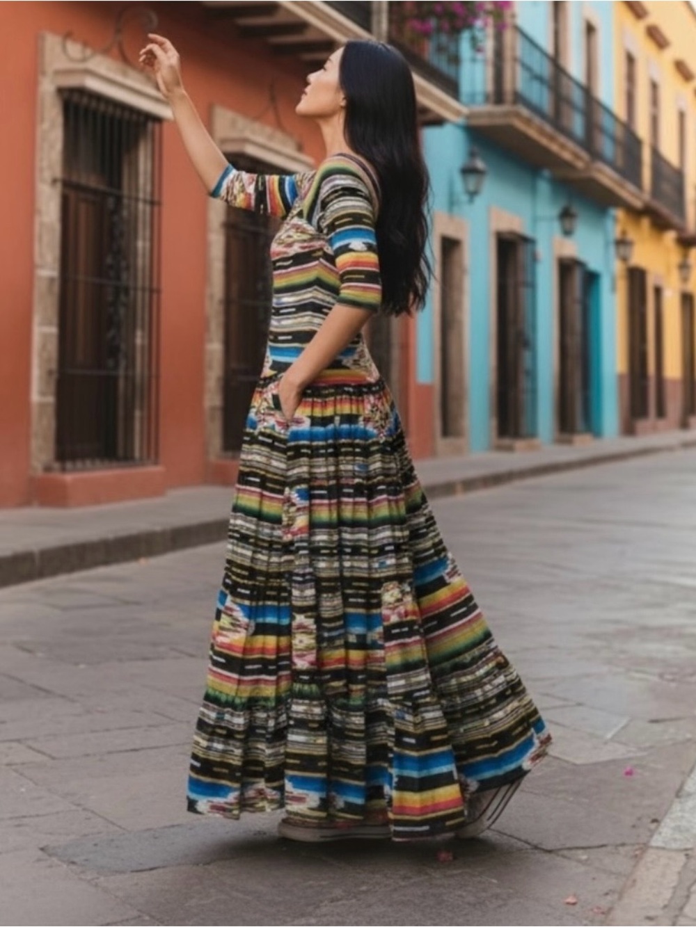 Tunique Women’s Aztec Print Ruffled Embroidered Maxi Dress Sz.L Boho Western